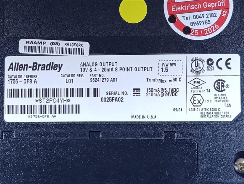 Allen Bradley 1756-0F8 A Part no: 96241279 A01 REV. L01 TESTED & TOP ZUSTAND