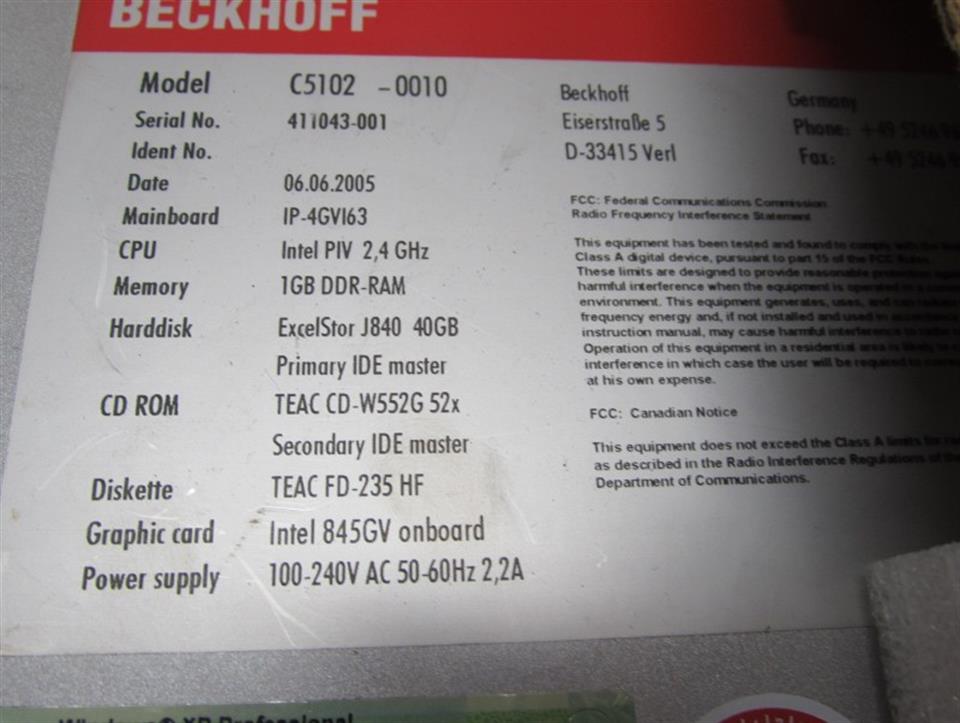 Beckhoff C5102-0010 IP-4GVI63 + EA 3C905CX-TX-M BECKHOFF FC3101_4 PICOLO PRO 2