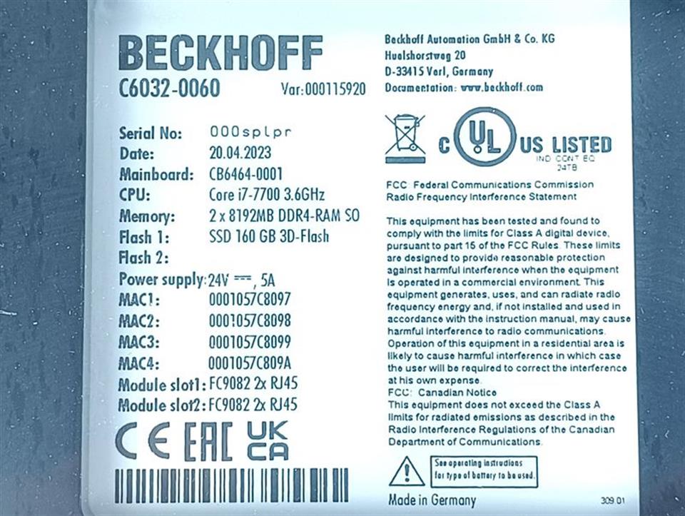 Beckhoff C6032-0060 Var:000115920 Ultra I PC CPU I7 8GB Ram UNUSED & OVP
