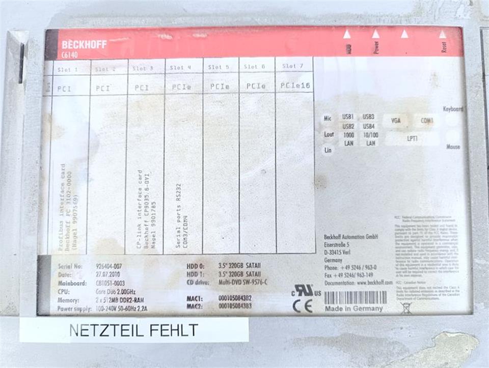 Beckhoff C6140 Industrial PC 926404-007  GEBRAUCHT