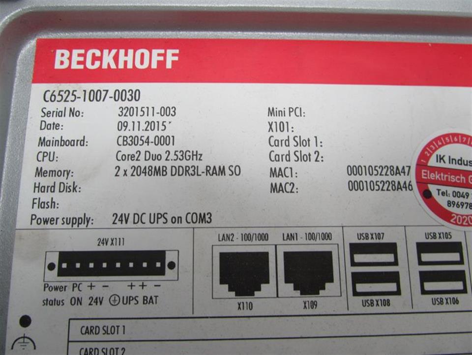 Beckhoff C6525 Industrial PC C6525-1007-0030 CB3054-0001 FC9004 Card TOP ZUSTAND