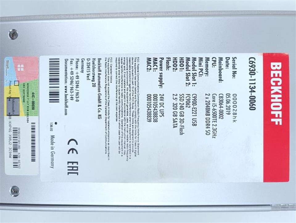 Beckhoff C6930-1134-0060 core I5 4GB RAM FC9062 C9900-E221 TESTED & TOP ZUSTAND
