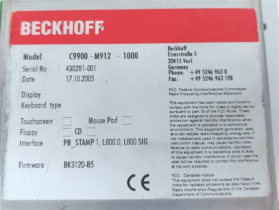 Beckhoff C9900-M912-1000 Display keyboard type TESTED & TOP ZUSTAND