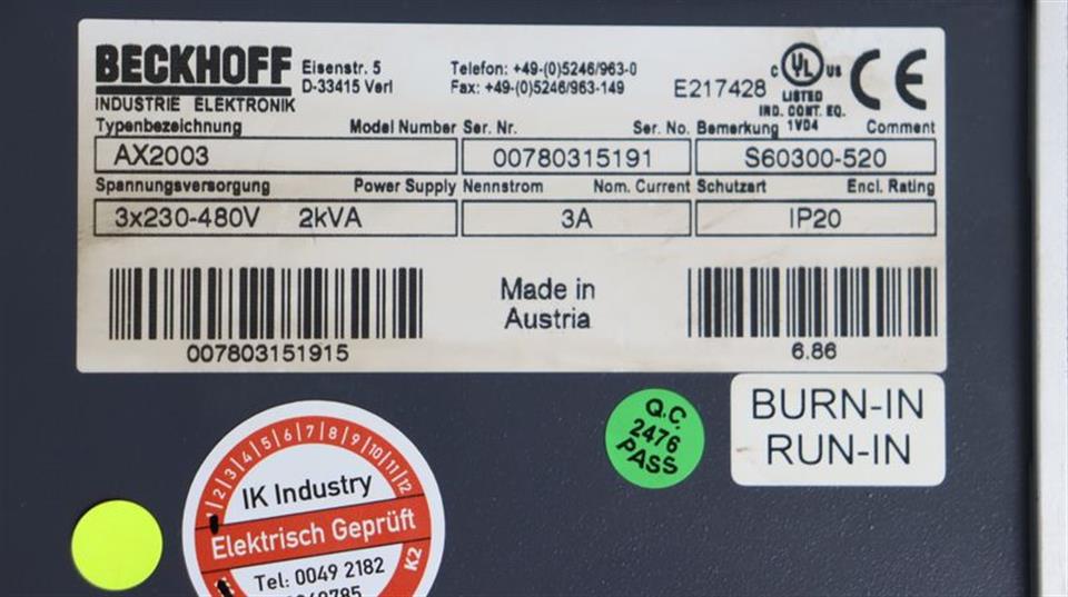 Beckhoff Servo Drive AX2003 S60300-520 2kVA 3A + Profibus TESTED & TOP ZUSTAND