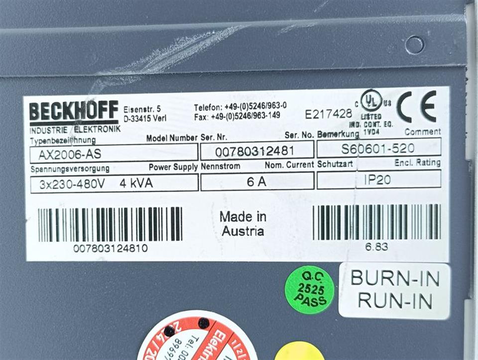 Beckhoff Servo Drive AX2006-AS S60601-520 400V 4kVA 6A TESTED & TOP ZUSTAND