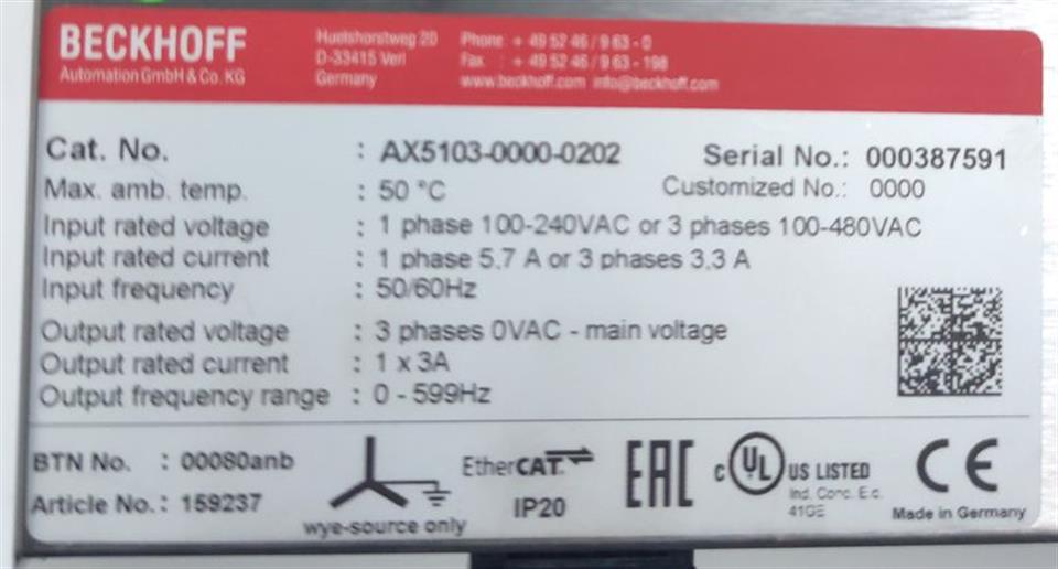 Beckhoff Servo-Drive AX5103-0000-0202 + AX5911 + AX5805 Rev.C TESTED & NEUWERTIG