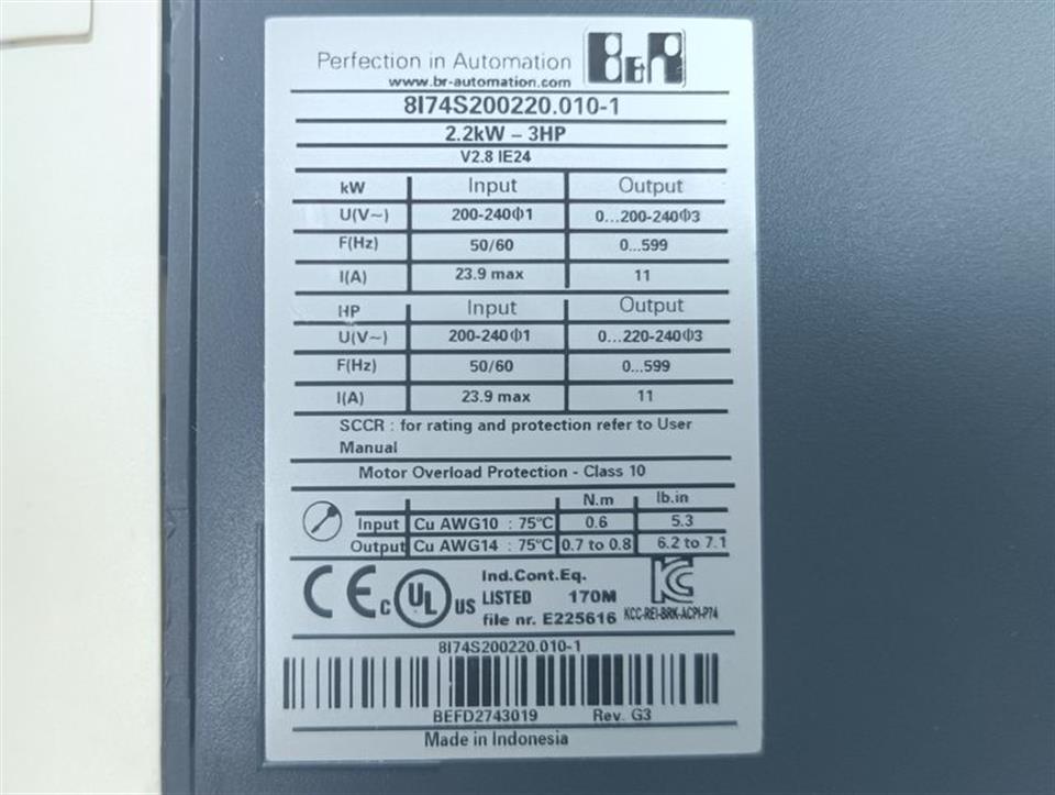 B&R ACOPOSinverter P74 8I74S200220.010-1 2,2kw 230V  Rev.G3 USED & TESTED