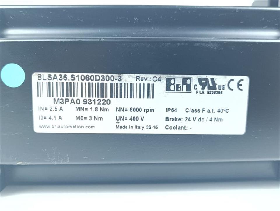 B&R Automation Servomotor 8LSA36.S1060D300-3 REV.: C4 400V 6000rpm UNUSED