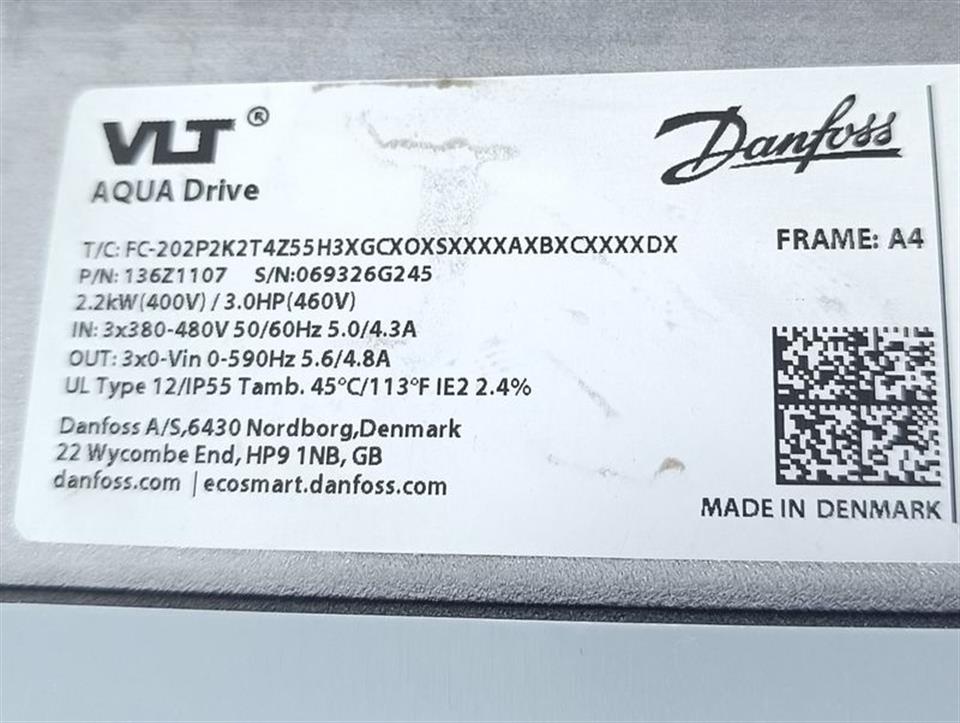 Danfoss VLT AQUA Drive FC-202P2K2T4Z55H3 P/N: 131Z1107 TESTED & NEUWERTIG