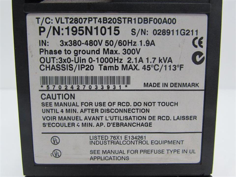 Danfoss VLT2807 VLT2807PT4B20STR1DBF00A00 195N1015 400V 2,1A 1,7kVA TESTED