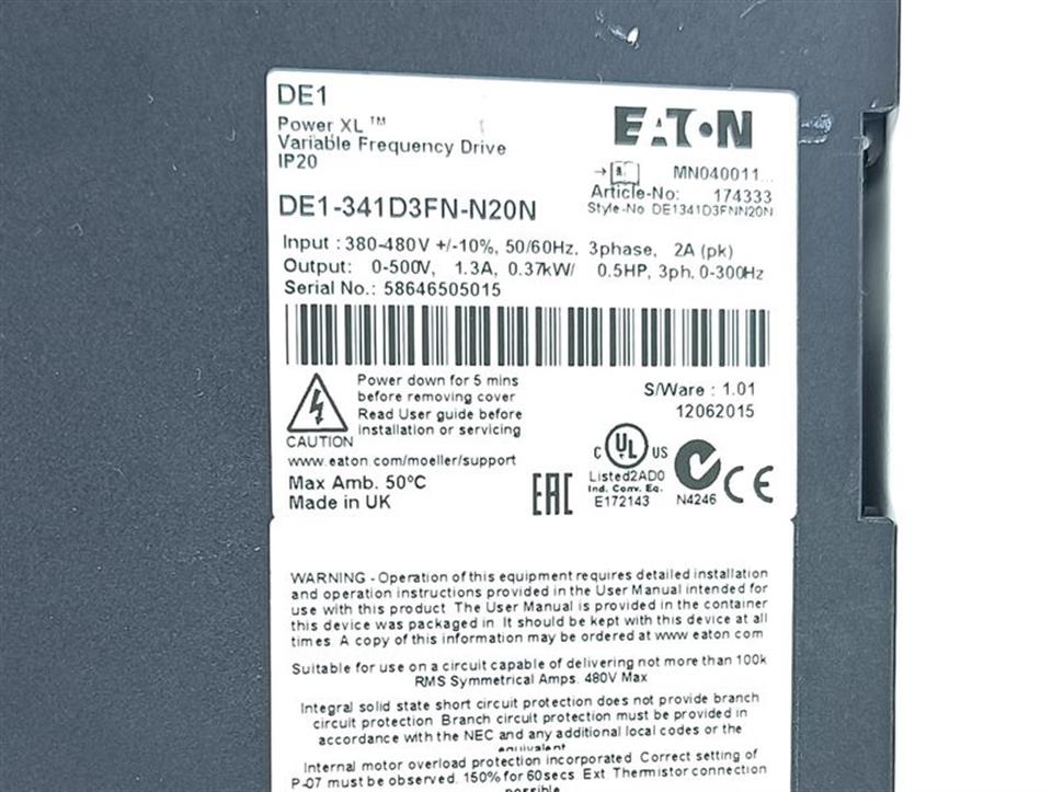 EATON DE1 Power XL DE1-341D3FN-N20N 400V0,37kW 1,3A TESTED & TOP ZUSTAND