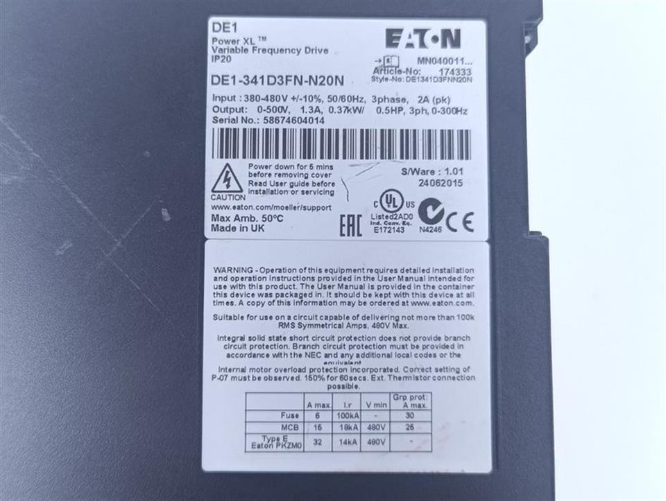 EATON DE1 Power XL Drive DE1-341D3FN-N20N 400V 0,37kw TESTED & USED