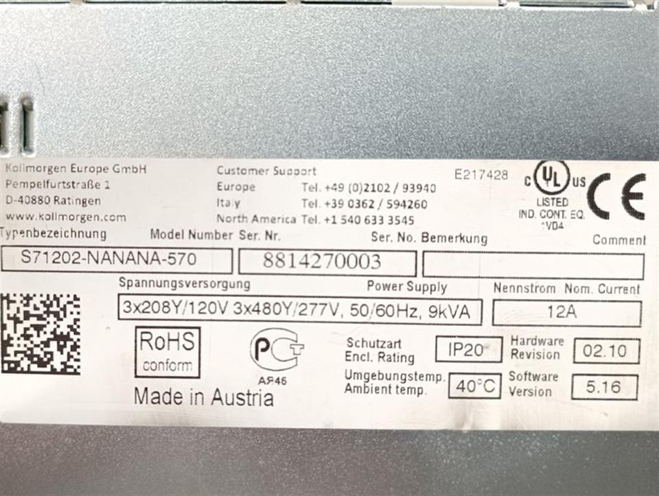 Kollmorgen S700 Servo Drive S71202-NANANA-570 12A TESTED & TOP ZUSTAND