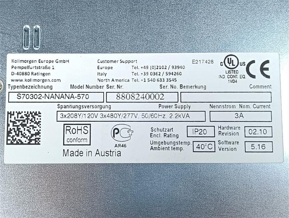 Kollmorgen Servo Drive S700 S70302-NANANA-570 3A TESTED & TOP ZUSTAND
