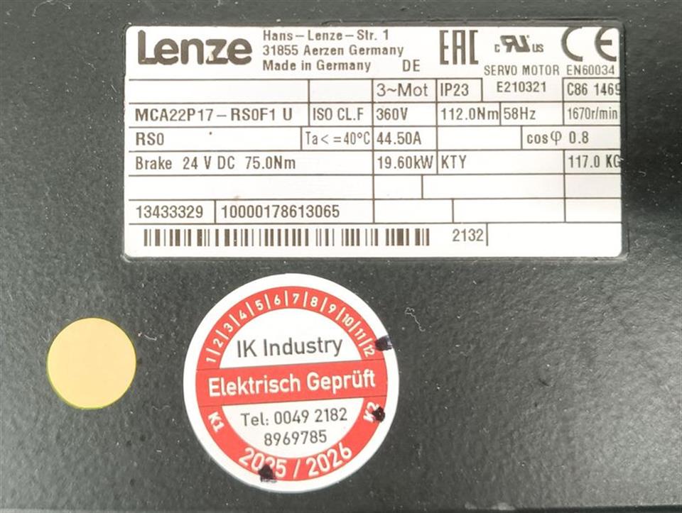Lenze MCA22P17-RS0F1 U 360V 112.0Nm 58Hz 1670r/min TESTED & TOP ZUSTAND