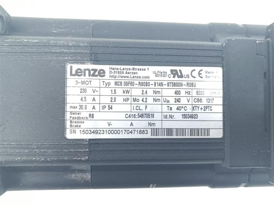 LENZE Servomotor MCS 09F60-RS0B0-B14N-ST5S00N-R0SU 1,5kw TESTED & TOP ZUSTAND