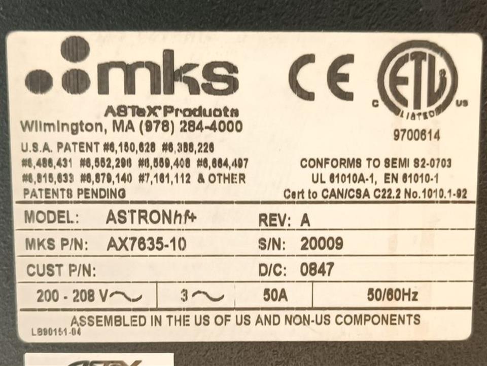 MKS Plasmagenerator ASTRONhf+ AX7635-10 NEUWERTIG