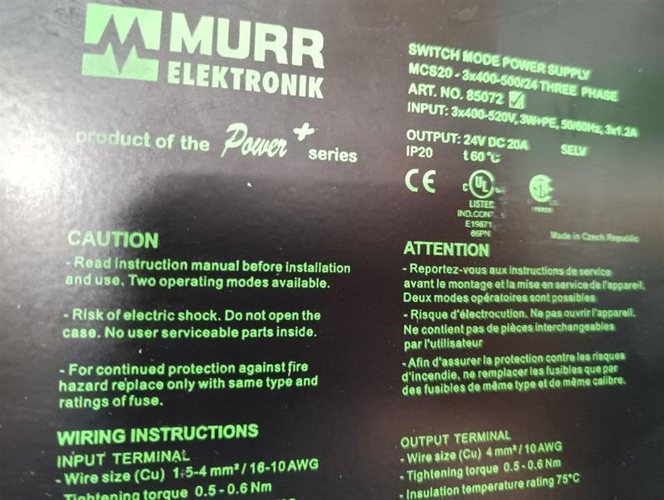 MURR Elektronik Netzteil Art.No.85072 MCS20-3x400/24V 400V 20A 24VDC TESTED GUT
