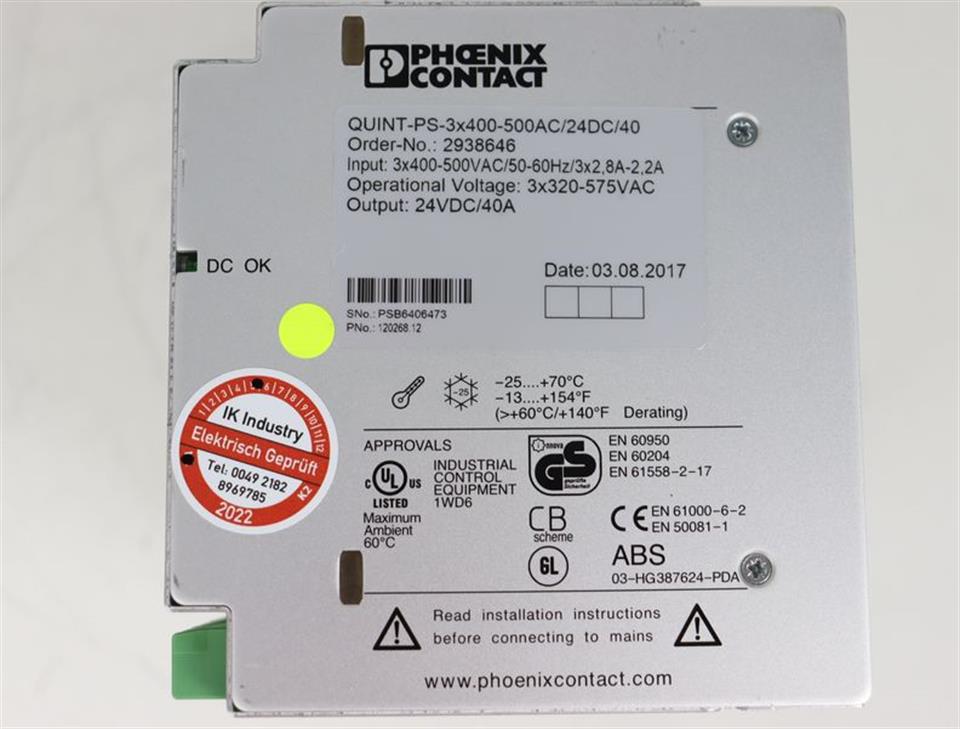 Phoenix Contact Quint-PS-3x400-500AC/24DC/40 2938646 400V 24VDC 40A TESTED TOP
