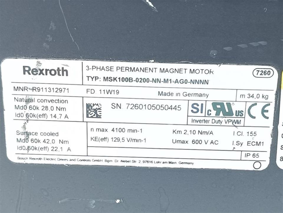 Rexroth Servomotor MSK100B-0200-NN-M1-AG0-NNNN R911312971 TESTED & UNUSED