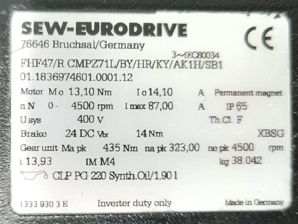 SEW-EURODRIVE FHF47/R CMPZ71L/BY/HR/KY/AK1H/SB1 TESTED & TOP ZUSTAND