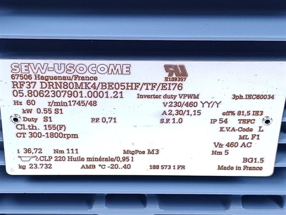 SEW Motor RF37 DRN80MK4/BE05HF/TF/EI76 UNUSED