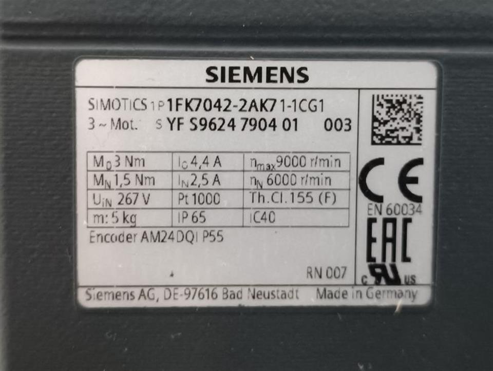 Siemens 1FK7042-2AK71-1CG1 max 9000r/min TESTED & NEUWERTIG