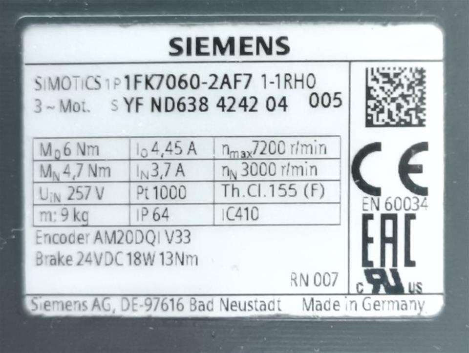Siemens 1FK7060-2AF7 1-1RH0  TESTED & NEUWERTIG