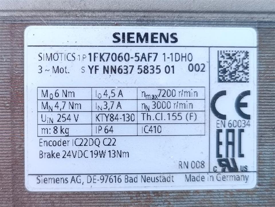 Siemens 1FK7060-5AF71-1DH0 Servomotor 7200 r/min TOP ZUSTAND