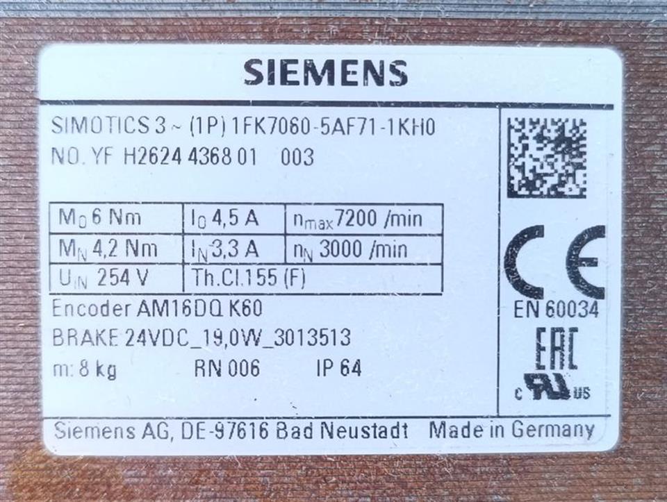 Siemens 1FK7060-5AF71-1KH0 Servomotor 7200 r/min TOP ZUSTAND