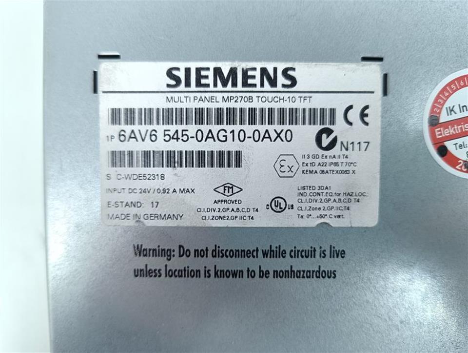 Siemens 6AV6 545-0AG10-0AX0 MP270B Touch-10 TFT ESt 17 TESTED & TOP ZUSTAND