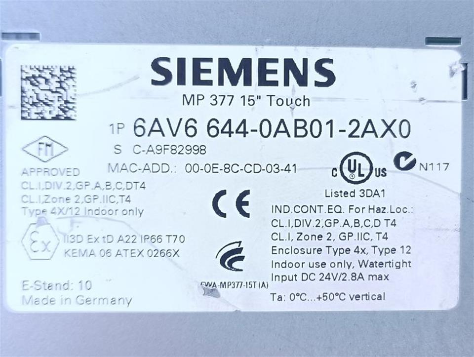 Siemens 6AV6 644-0AB01-2AX0 MP 377 15 Touch E:10 TESTED & TOP ZUSTAND