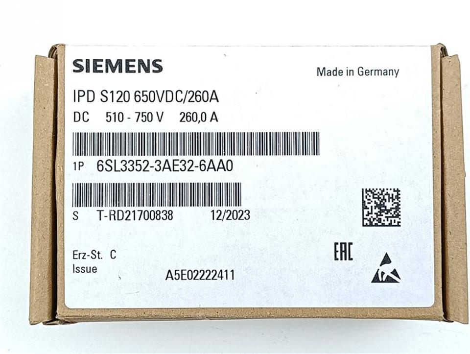 Siemens IPD S120 650VDC/260A 6SL3352-3AE32-6AA0 Erz-St: C Unused  & OVP