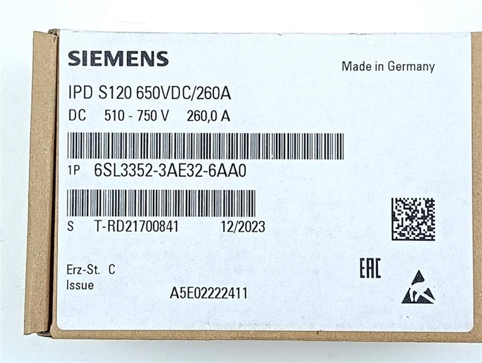 Siemens IPD S120 650VDC/260A 6SL3352-3AE32-6AA0 Erz-St: C UNUSED & OVP & SEALED