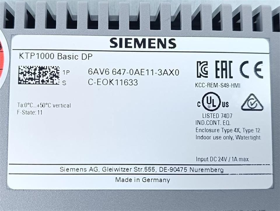 Siemens KTP1000 Basic DP 6AV6 647-0AE11-3AX0 E-St. 11 TESTED TOP ZUSTAND OVP