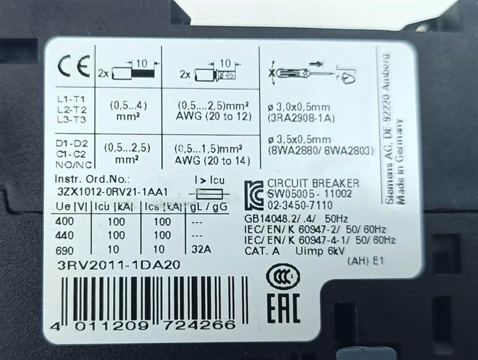 Siemens Leistungsschalter 3RV2011-1DA20 E-St: 02 TOP ZUSTAND