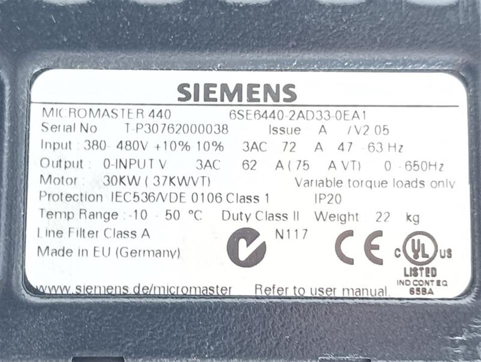 Siemens Micromaster 440 6SE6440-2AD33-0EA1 Issue A 30KW GEBBRAUCHT