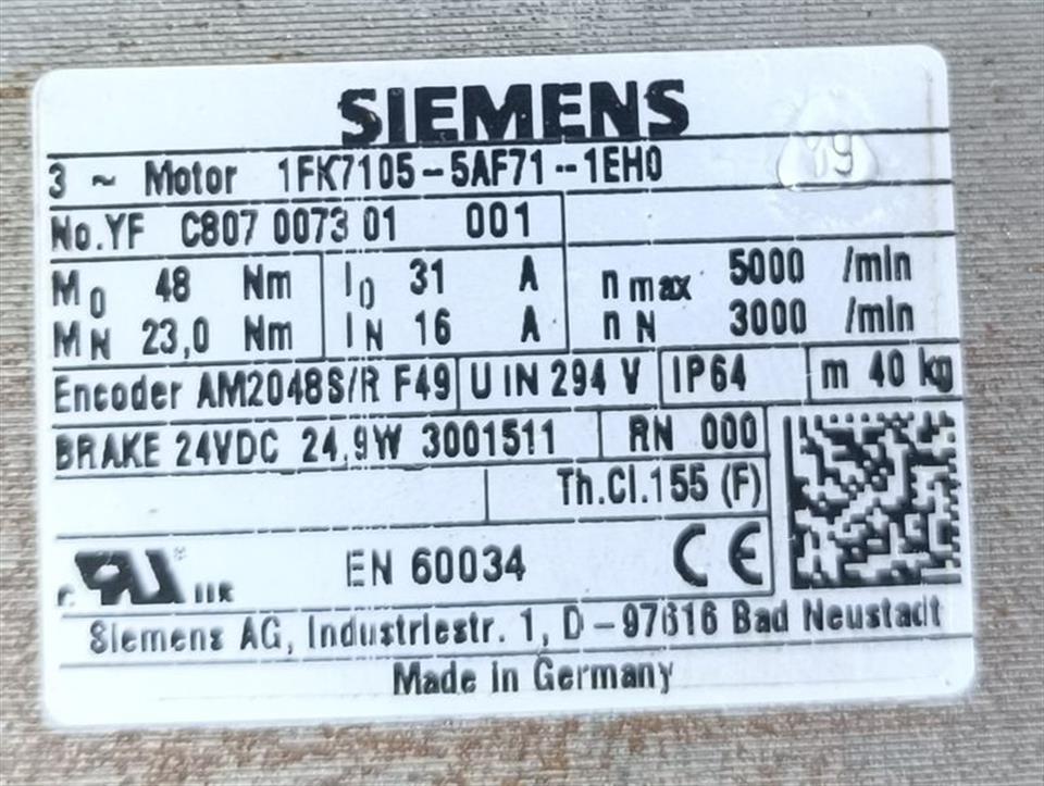 Siemens Motor Servomotor 1FK7105-5AF71-1EH0 TESTED & TOP ZUSTAND