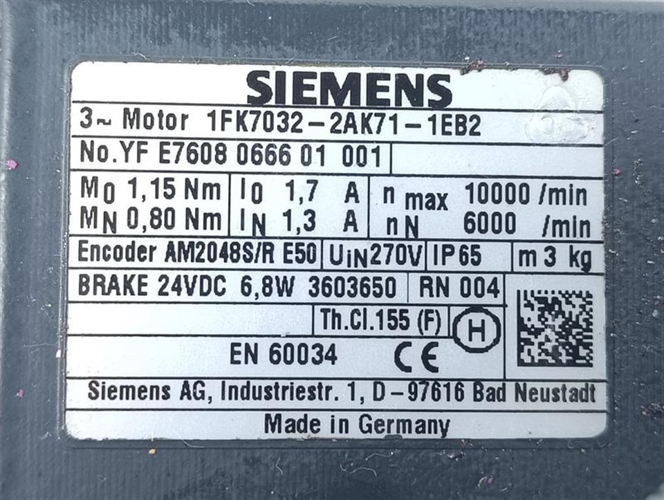 Siemens Servomotor 1FK7032-2AK71-1EB2 10000rpm 1,7A 1,15Nm TESTED TOP ZUSTAND