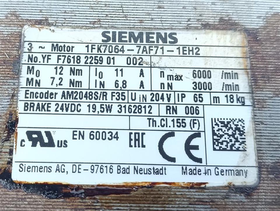 Siemens Servomotor 1FK7064-7AF71-1EH2 6000rpm 11A 12Nm TESTED & TOP ZUSTAND