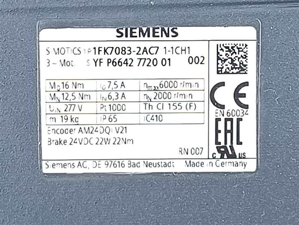 Siemens Servomotor 1FK7083-2AC71-1CH1 max. 6000/min TESTED & TOP ZUSTAND