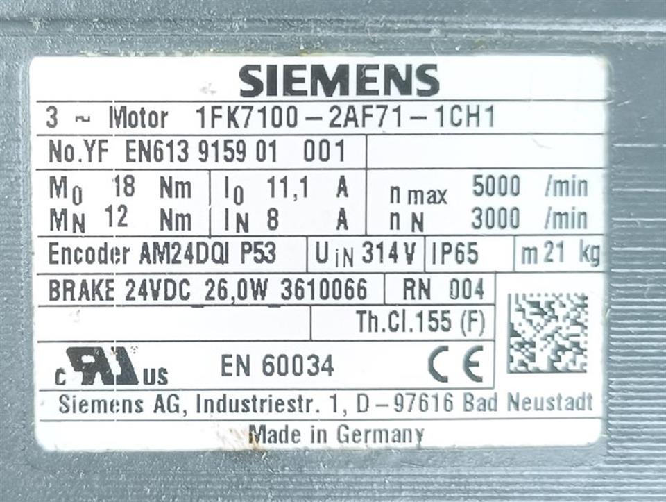 Siemens Servomotor 1FK7100-2AF71-1CH1 n max 5000/min TESTED & NEUWERTIG