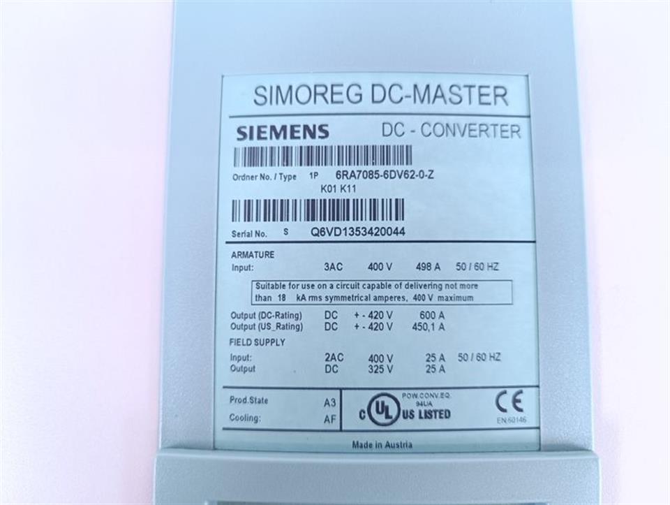 Siemens Simoreg DC-Master Converter 6RA7085-6DV62-0-Z 600A TESTED & TOPZUSTAND