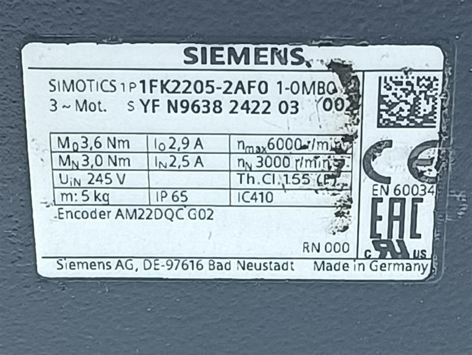 Siemens SIMOTICS Servomotor 1FK2205-2AF01-0MB0 6000 U/min NEUWERTIG