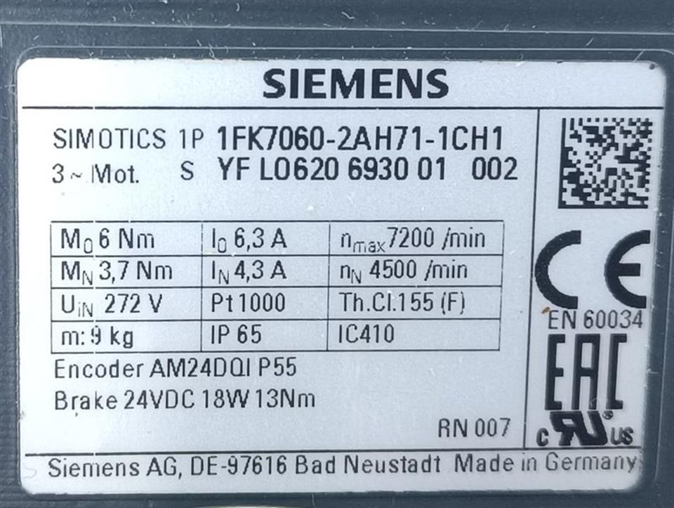 Siemens Simotics Servomotor 1FK7060-2AH71-1CH1 TESTED & TOP ZUSTAND