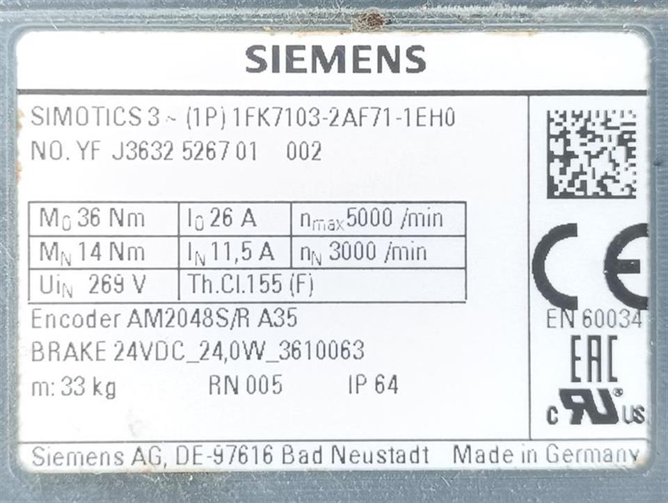 Siemens Simotics Servomotor 1FK7103-2AF71-1EH0 26A 5000rpm TESTED TOP ZUSTAND