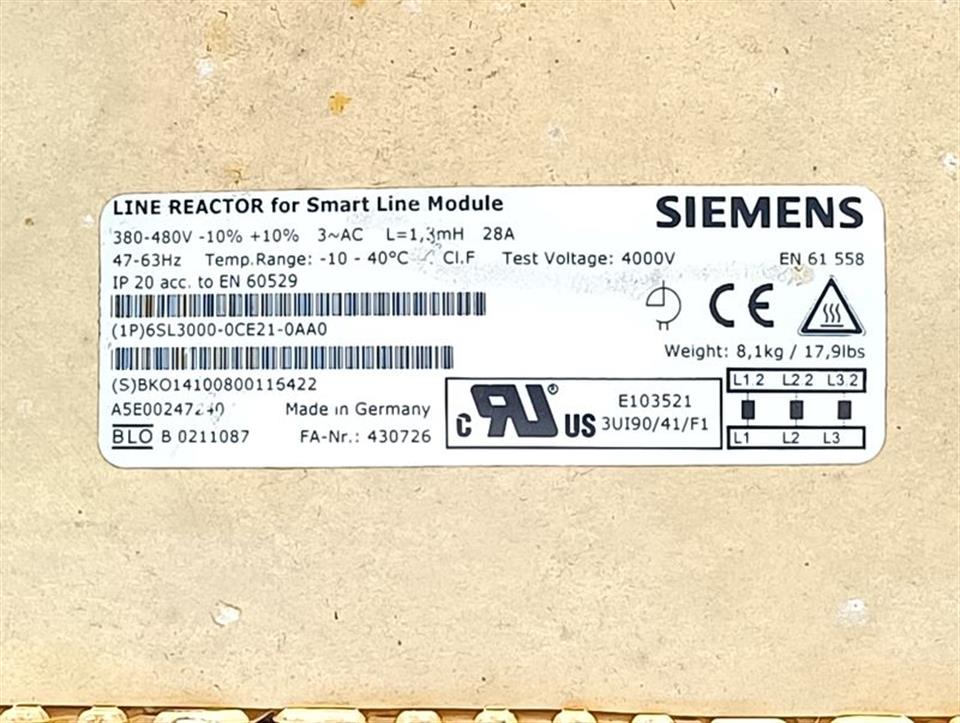 Siemens Sinamics 6SL3000-0CE21-0AA0 Commutation Reactor 5kW Smart Line Module