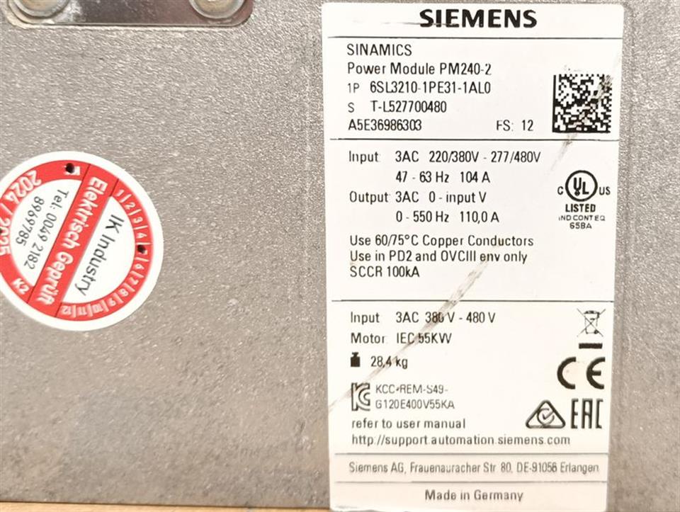 Siemens Sinamics PM 240-2 6SL3210-1PE31-1AL0 FS:12 55kw 400V TESTED TOP ZUSTAND