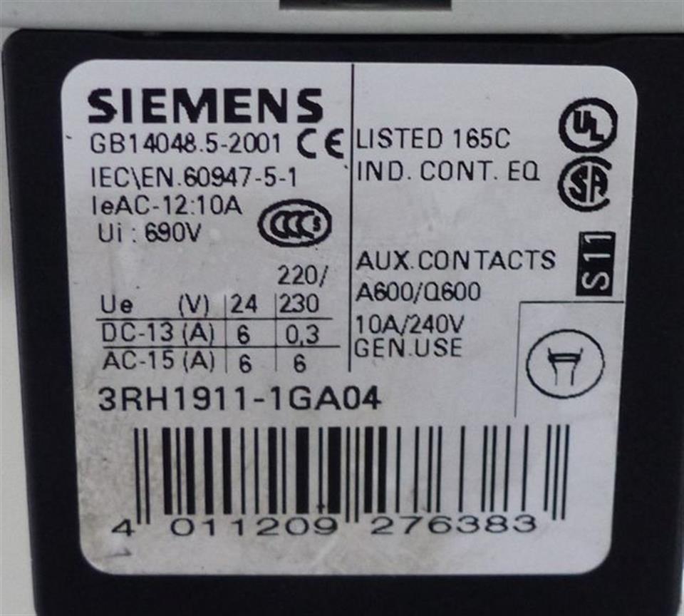 Siemens Sirius 3RH1131-1BB40 Hilfsschütz + 3RH1911-1GA04 Hilfsschalterblock