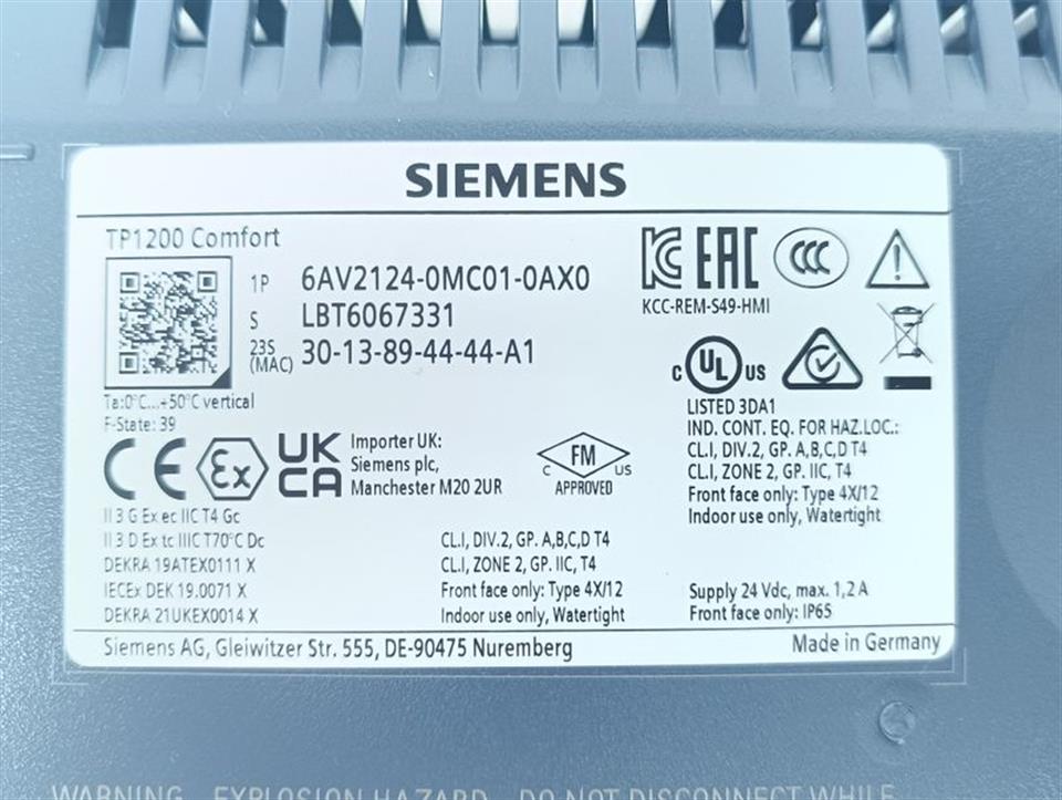 Siemens TP1200 Comfort 6AV2 124-0MC01-0AX0 6AV2124-0MC01-0AX0 FS39 TESTED UNUSED